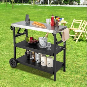 Black Metal 3-Tiers Foldable Outdoor Kitchen Cart on 2-Wheels with Phone Holder