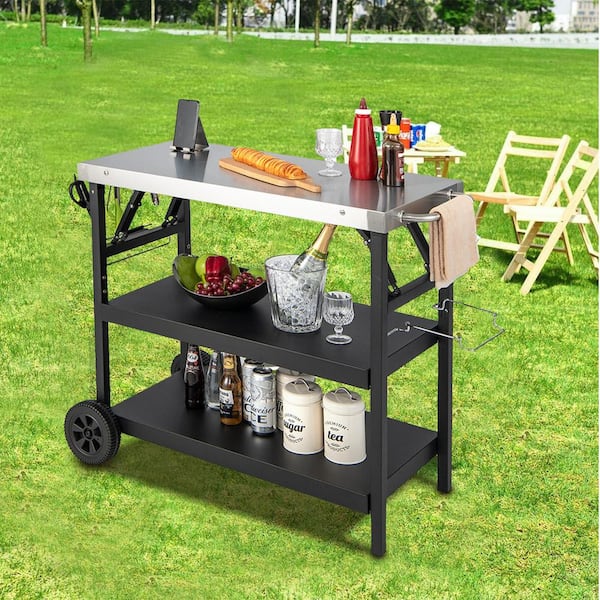 ANGELES HOME Black Metal 3-Tiers Foldable Outdoor Kitchen Cart on 2-Wheels with Phone Holder