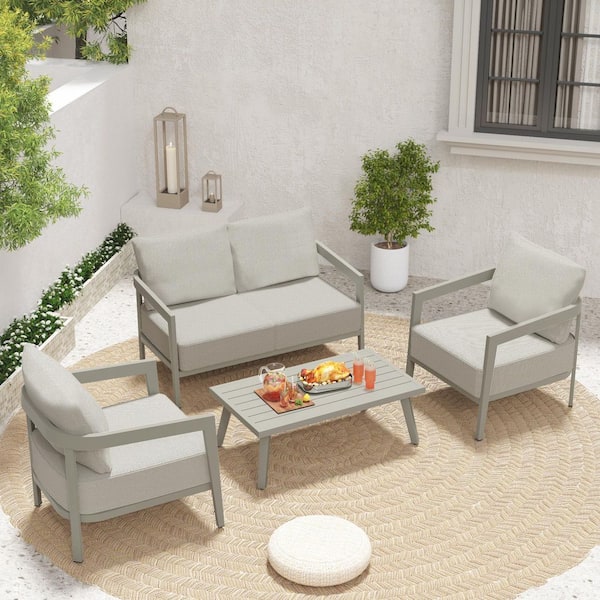 EGEIROSLIFE NovaRest 4-Piece Aluminum Patio Conversation Set with Loveseat, Coffee Table and Gray Cushions