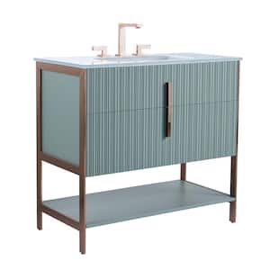 36 in. W x 18 in. D x 33.5 in. H Bath Vanity in Mint Green with Glass Single Sink Top in White with Gold Hardware