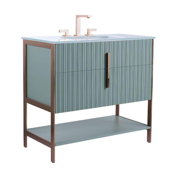 FINE FIXTURES 36 in. W x 18 in. D x 33.5 in. H Bath Vanity in Mint Green with Glass Single Sink Top in White with Gold Hardware