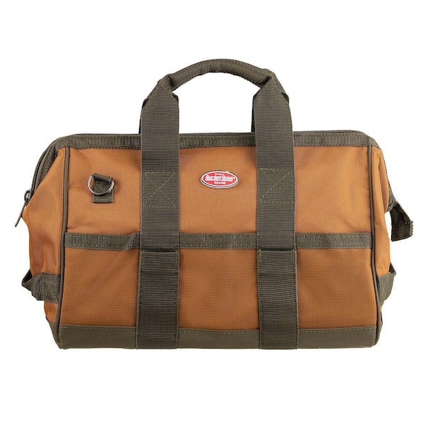 BUCKET BOSS Gatemouth 16 in. Tool Bag in Brown and Green with 16 Pockets