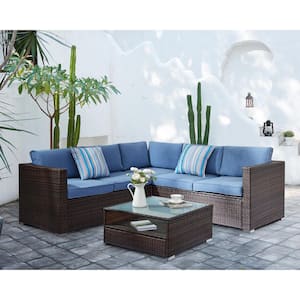 Tahiti Mahogany Brown 4-Piece PE Wicker Outdoor Sectional with Chambray Blue Cushions