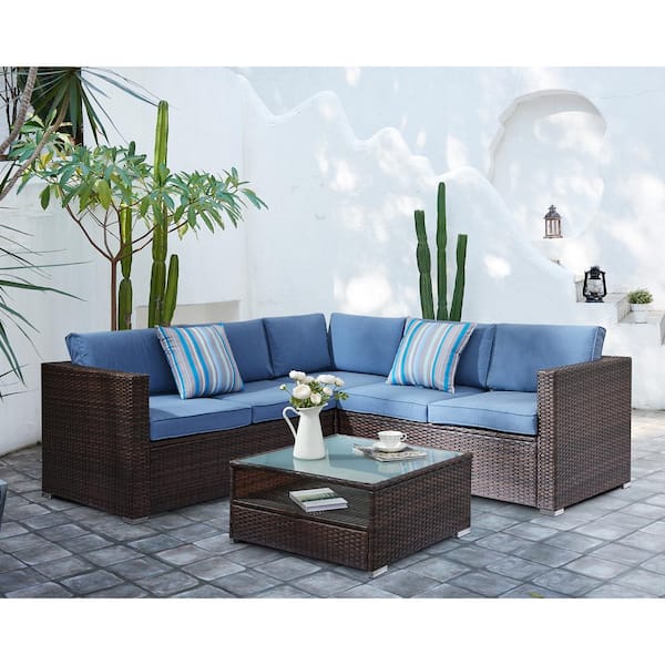 Dwell Home Inc Tahiti Mahogany Brown 4-Piece PE Wicker Outdoor Sectional with Chambray Blue Cushions