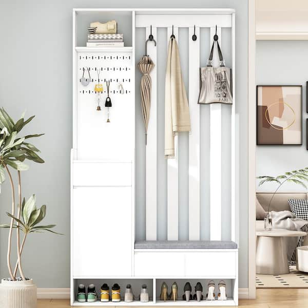 Harper & Bright Designs White 70.8 in. H Multifunctional Modern Hall Tree with Cushioned Bench, 3-Drawers, Pegboard, 4-Hooks