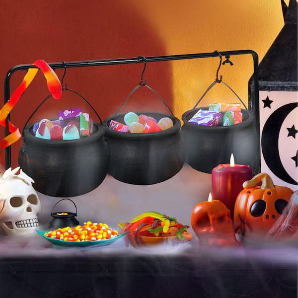 10 fl. oz. Set of 3 Plastic Black Witches Cauldron Sugar Bowls on Rack for Halloween Indoor Outdoor Home Kitchen Decor
