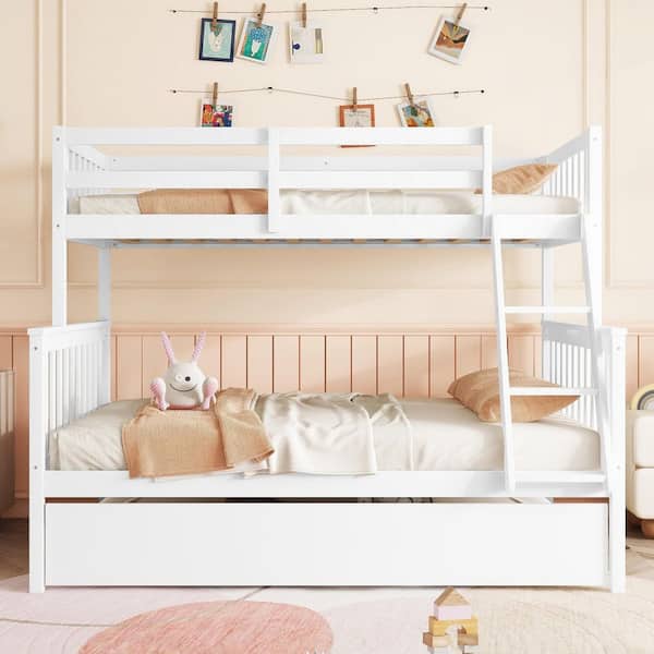 White Twin Over Full Size Bunk Bed with Trundle and Convertible Ladder