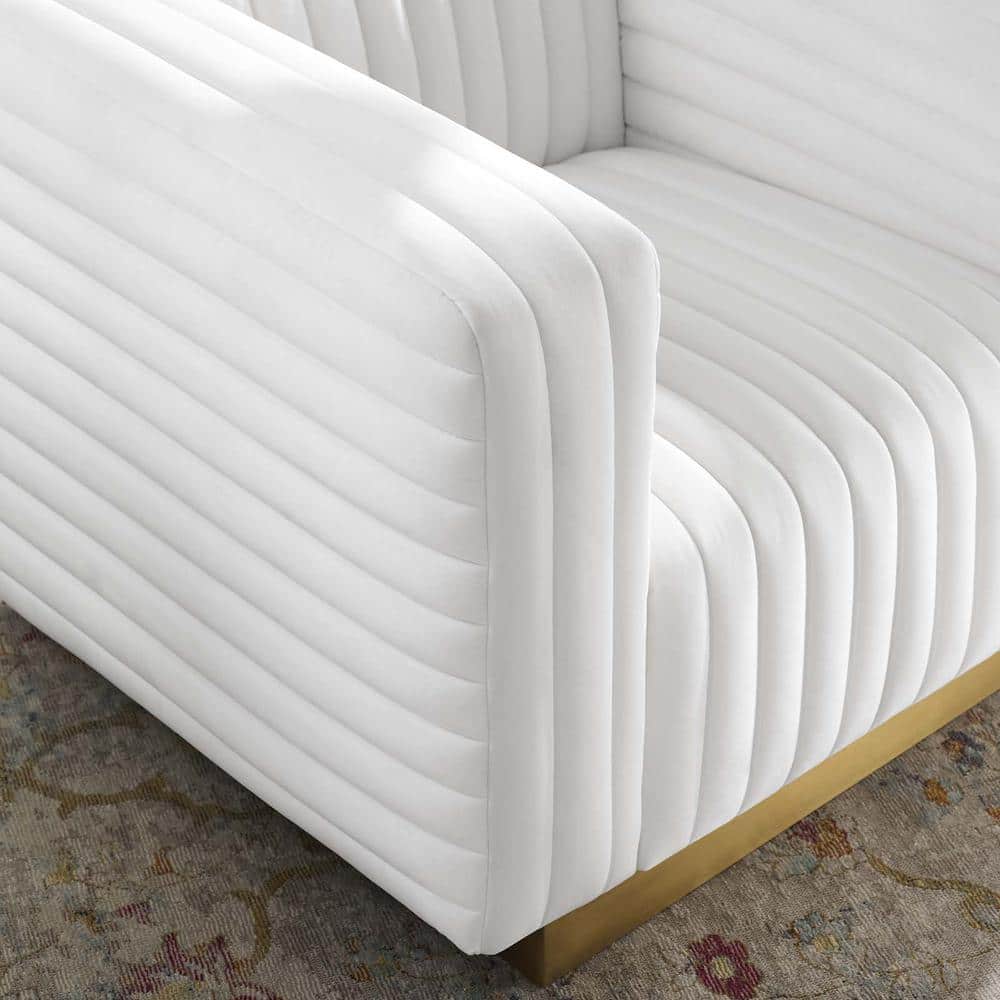White Velvet Channel Tufted Accent Chair with Gold Base