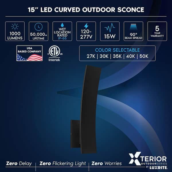 15 in. Curved LED Outdoor Hardwired Wall Sconce, 5CCT, 1000LM, 15W, IP65, Dimmable, Exterior Light Fixture, Black 2 Pack