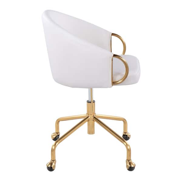 Claire Faux Leather Adjustable Height Task Chair in White Faux Leather and Gold Metal