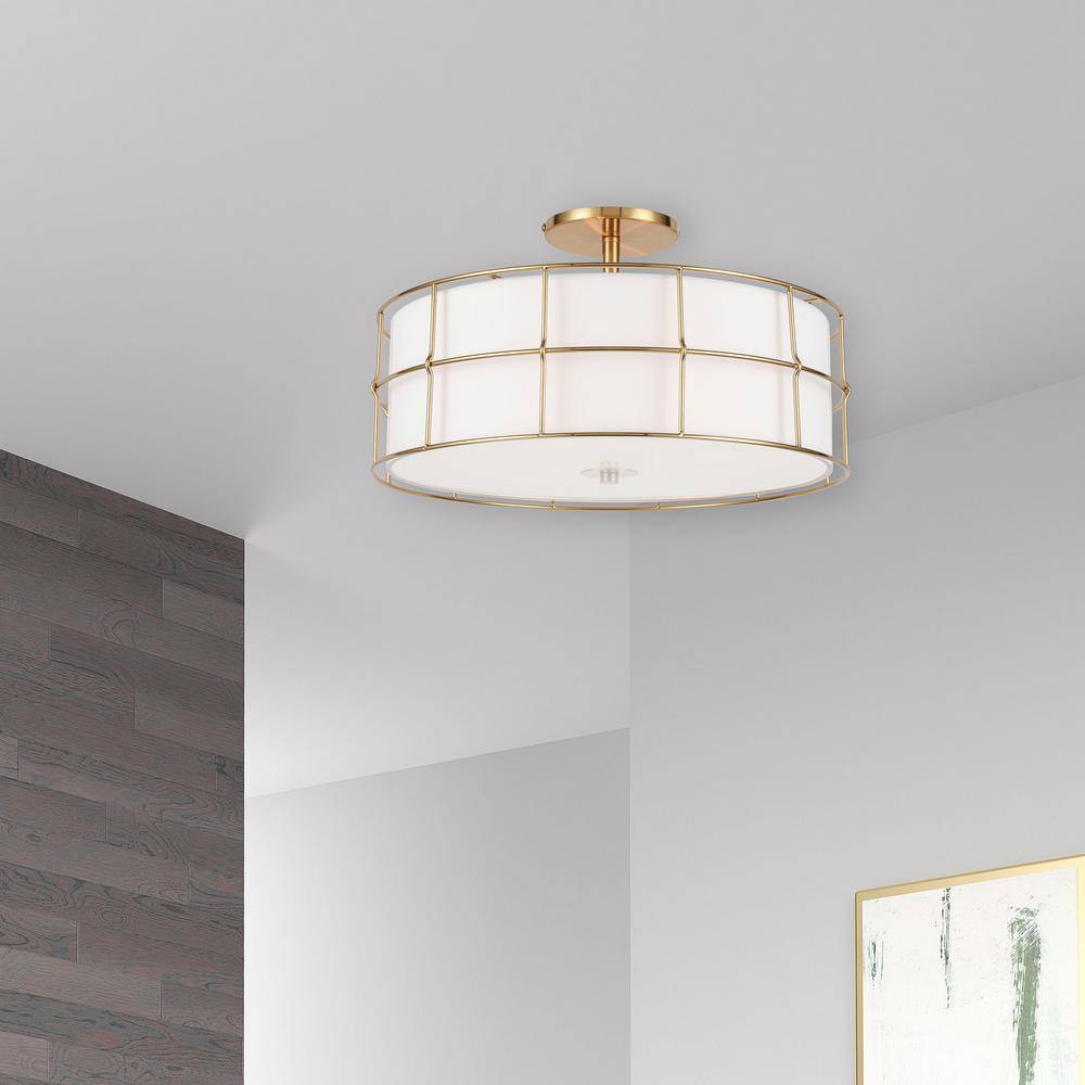 16" Transitional Black & Aged Brass Drum Ceiling Light with White Shade