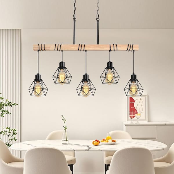 Rviezza Farmhouse 5-Light Matte Black and Natural Wood Linear