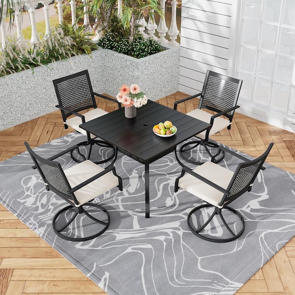 Clihome 5-Piece Metal Outdoor Dining Set with Umbrella Hole and Beige Textilene Cushions （Limited Time Free Umbrella）