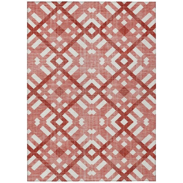 Red, Ivory 10 ft. x 14 ft. Woven Geometric Polyester Rectangle Indoor/Outdoor Area Rug