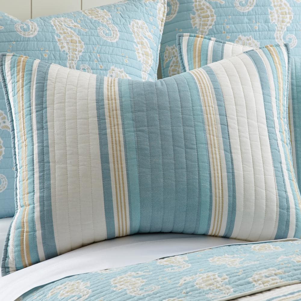 Blue and Taupe Cotton Twin Reversible Quilt Set