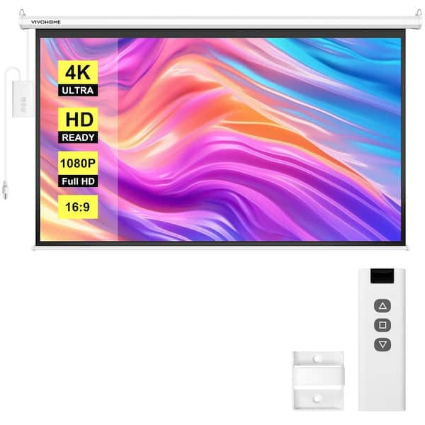 100 in. 16:9 HD 4K Auto Electric Wall and Ceiling Projection Screen with White Case and Remote