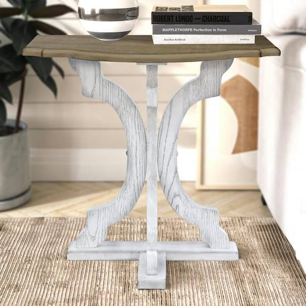 GALANO Doynton 23.6 in. W White and Oak 22.8 in. H Half Moon Solid Wood Side Table