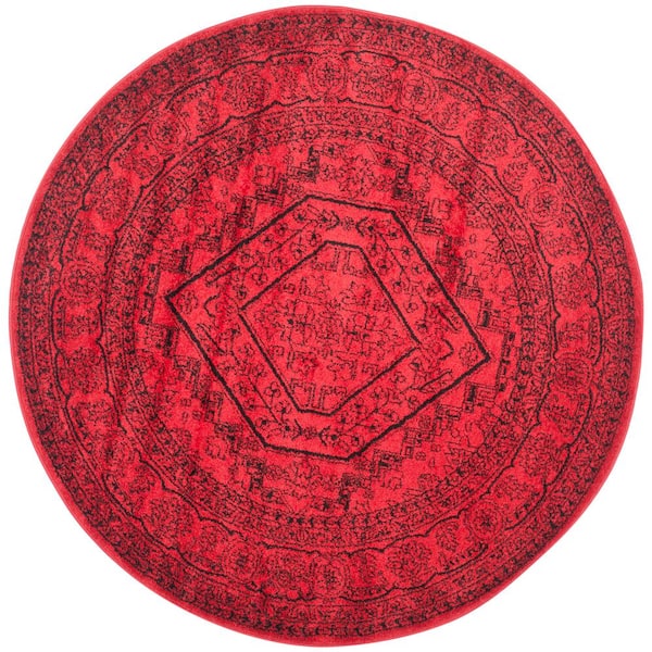 Adirondack Red/Black 4 ft. x 4 ft. Border Medallion Round Area Rug