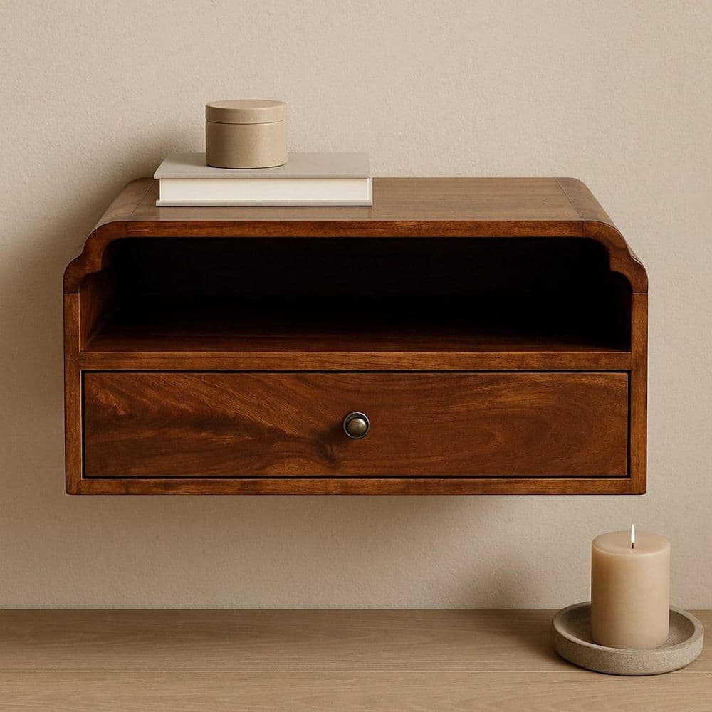 Traditional Brown 1 Drawer 17.7 in. W Mango Wood Wall-Mounted Nightstand with Open Shelf