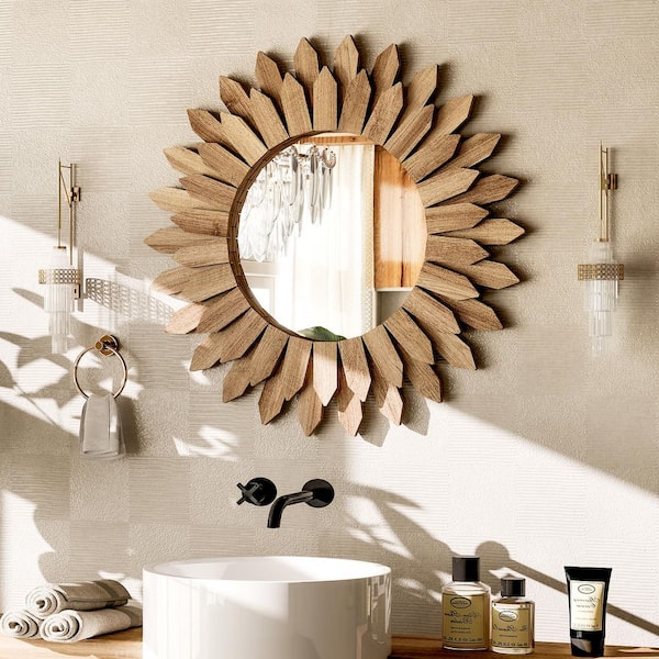 XRAMFY Light Brown 20 in. W x 20 in. H Sunburst Wood Framed Vanity Mirror Wall Mirror