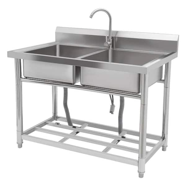 Utility Sink 39.4 in. D x 19.7 in. W Freestanding Laundry/Utility Sink Silver with Undershelf, Hot & Cold Water Pipes