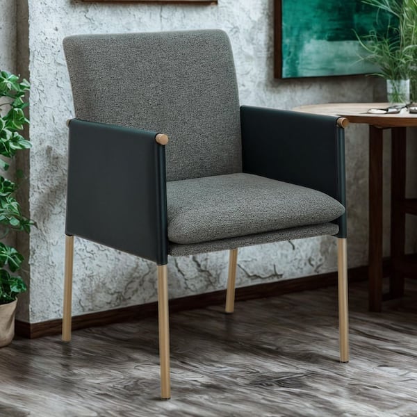 Engel Dark Grey Vegan Leather and Grey Fabric and Antique Brass Dining Chair