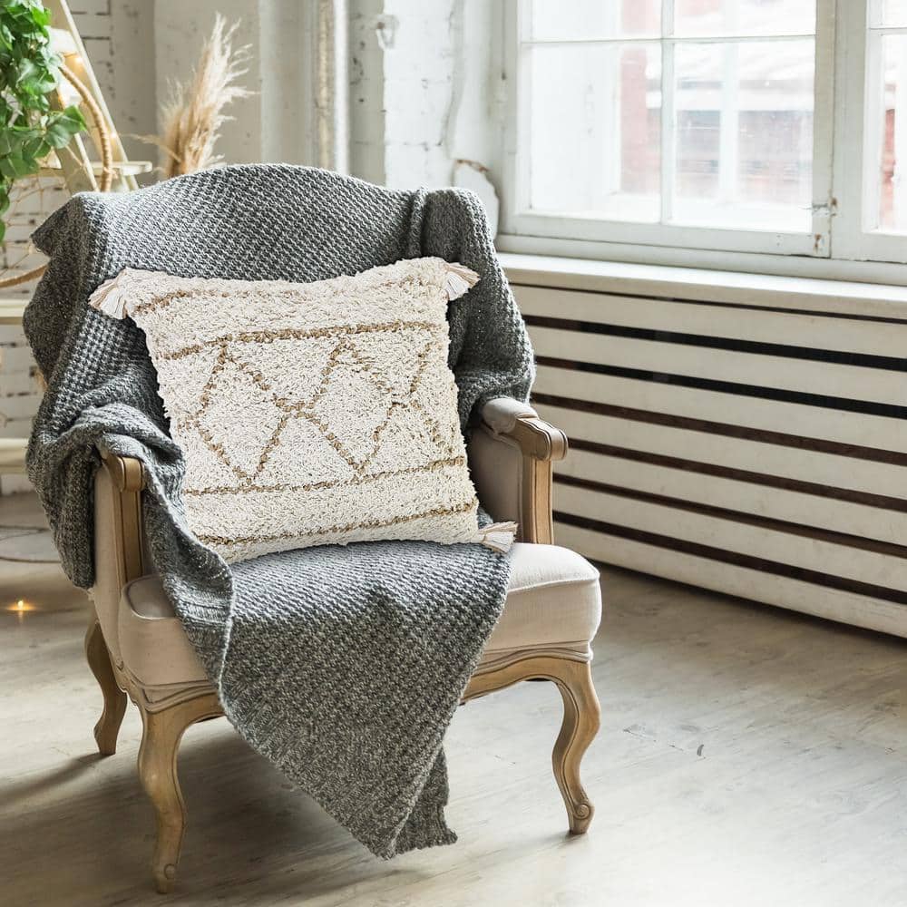 Boho-Chic Diamond Pattern Jute and Cotton Square Pillow