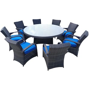 Aluminum Frame 9-Piece Wicker Outdoor Dining Set with Blue Cushion and Tempered Glass Top Round Table