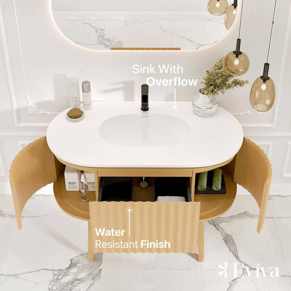 Natural Oak Freestanding Bathroom Vanity with White Solid Surface Top