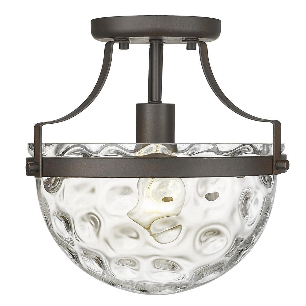 Quinn 10.5 in. 1-Light Oil Rubbed Bronze Semi-Flush Mount with Clear Wavey 