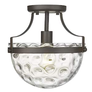 Quinn 10.5 in. 1-Light Oil Rubbed Bronze Semi-Flush Mount with Clear Wavey glass