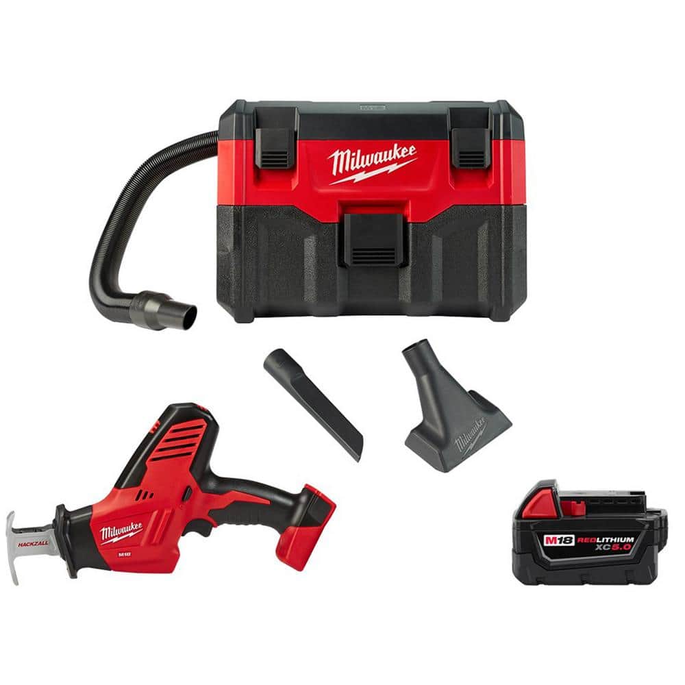 Milwaukee M18 18-Volt Gal. Lithium-Ion Cordless Wet/Dry Vacuum with HACKZALL  Reciprocating Saw and 5.0 Ah Battery 0880-20-2625-20-48-11-1850 The Home  Depot