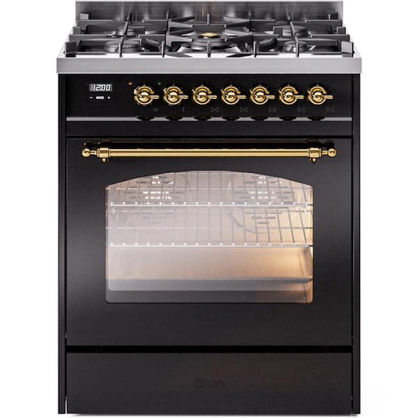 ILVE Nostalgie II 30 in. 5 Burner Freestanding Dual Fuel Liquid Propane Range in Glossy Black with Brass Trim