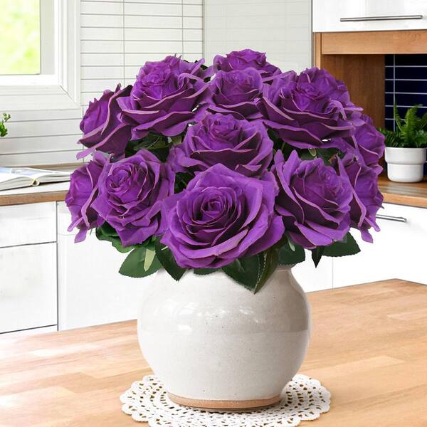 LIVING LUXURY 18 in. Deluxe Purple Artificial Queen Rose Flower