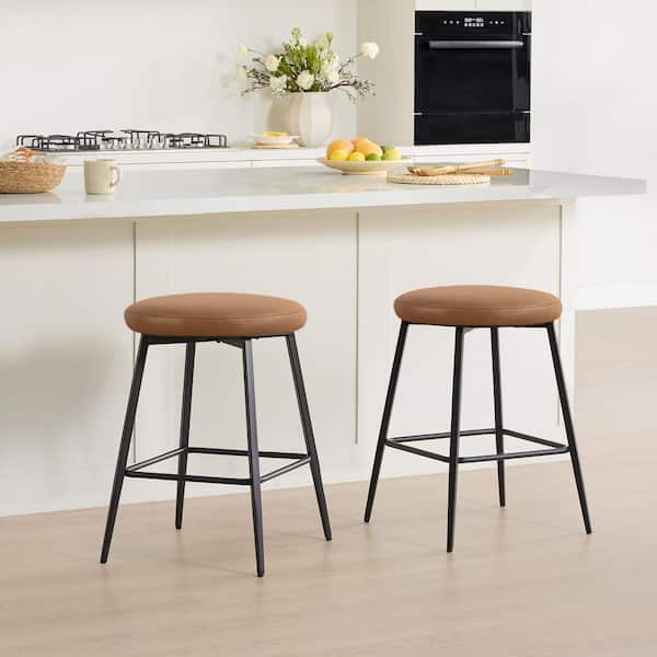 Nolan 24 in.H Brown Faux Leather Metal Frame Swivel Counter Height Bar Stool with Round Seat for Kitchen Set of 2