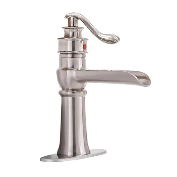 Single Handle Single-Hole Bathroom Faucet with Waterfall in Brushed Nickel