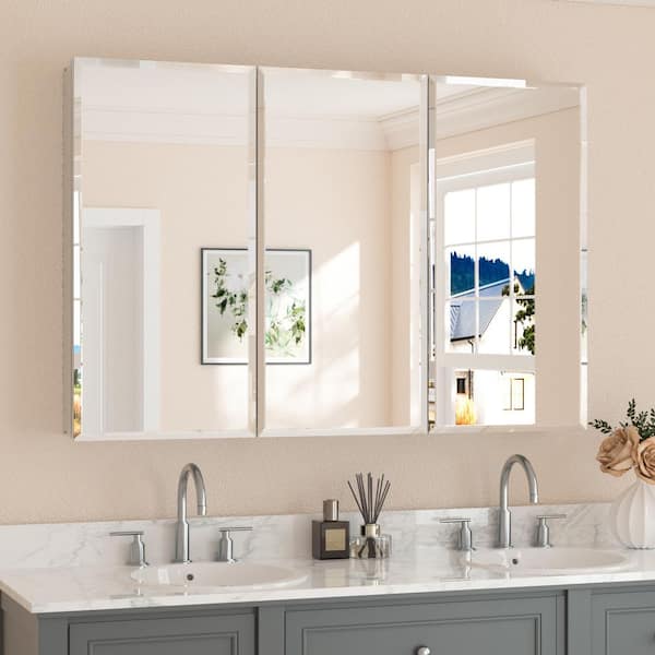 48 in. W x 32 in. H Rectangular Beveled Frameless Metal Silver Surface Mount/Recessed Medicine Cabinet with Mirror