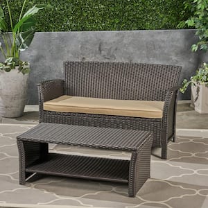 St. Lucia Brown 2-Piece Faux Rattan Patio Conversation Set with Tan Cushions