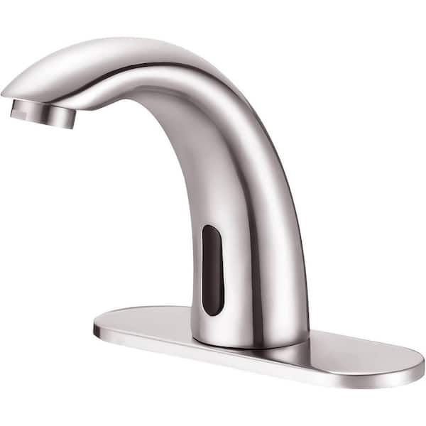 Pdpbath Automatic Sensor Touchless Single Hole Bathroom Faucet with Deckplate Included and Spot Resistant in Brushed Nickel