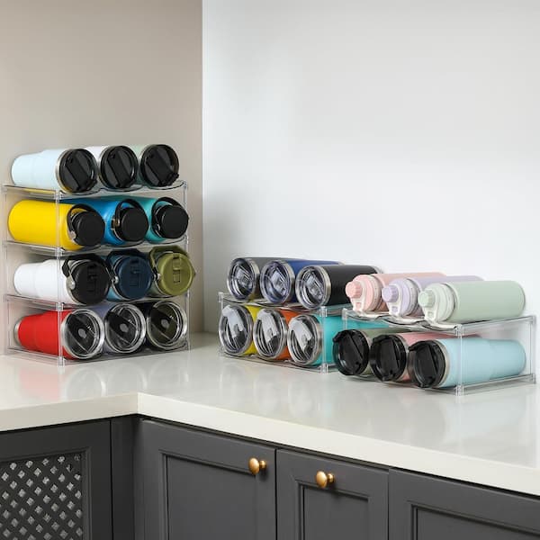 4-Tier Clear Large Tumbler and Bottle-Fit Water Bottle Organizer Holder with Stackable Design for Cabinet Fridge