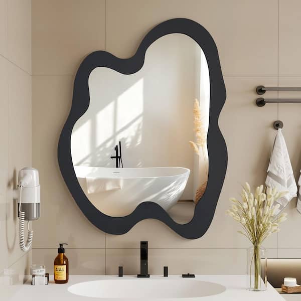 Hochwertiges 20 in. W x 28 in. H Irregular Black Wood Framed Wall Mirror Asymmetrical Wall Mirror