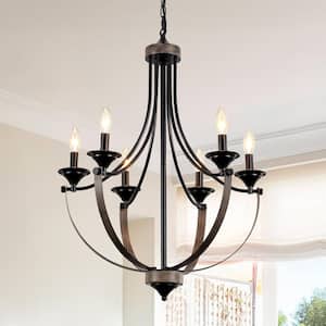 6-Light Black and Wood Grain Empire Candle Chandelier for Kitchen Island with no Bulbs Included