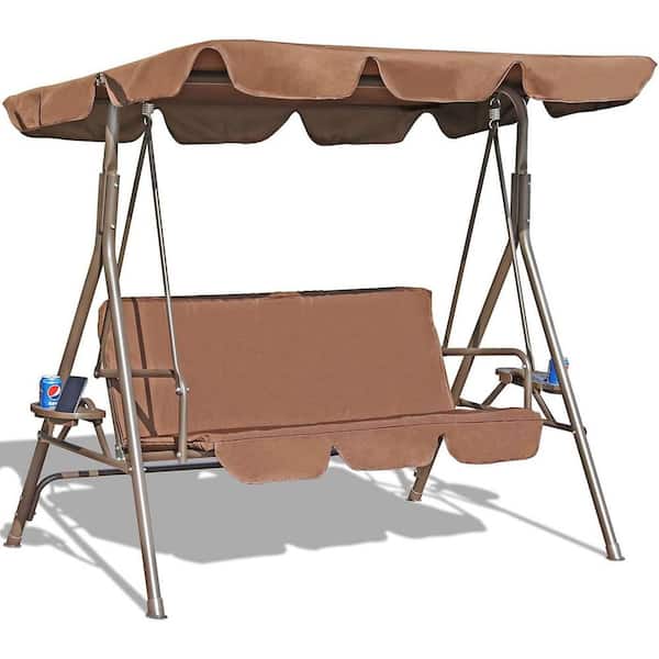 TIRAMISUBEST 2-Person Metal Patio Swing Seat with Canopy and Removable Cushion in Coffee