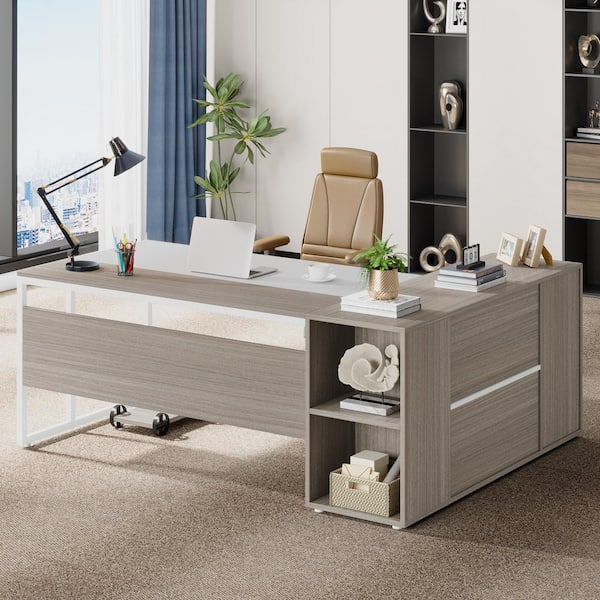 Lanita 71 in. L Shaped Gray Engineered Wood Executive Desk Large Computer Desk with File Cabinet for Home Office