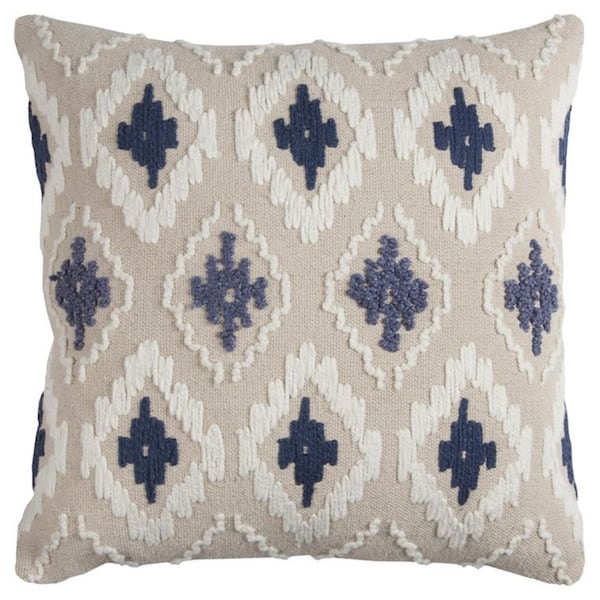 HomeRoots Natural, Indigo Solid Polyester 20 in. x 20 in. Throw Pillow