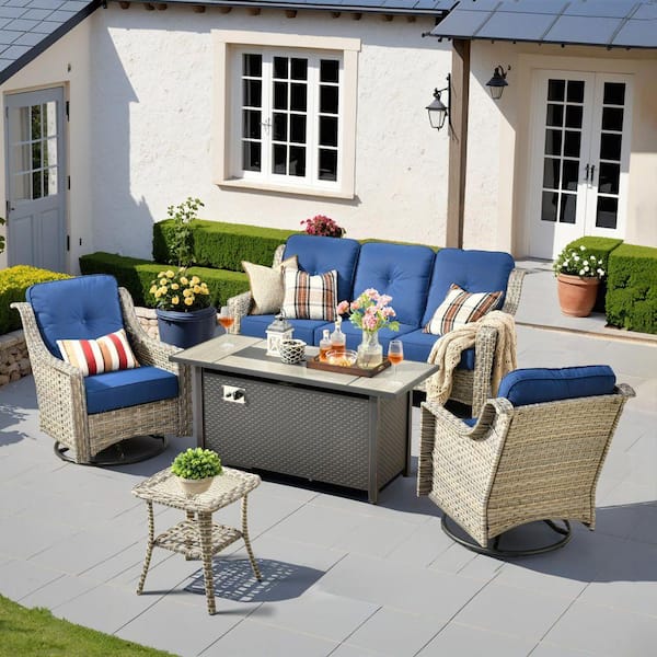 Eureka 5-Piece Wicker Patio Conversation Sofa Seating Set with Metal Fire Pit Table and Navy Blue Cushions