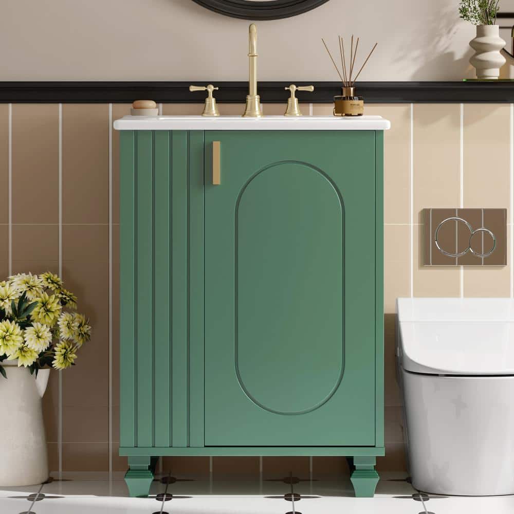 Green 24 in. W Bathroom Vanity with Ceramic Sink, Door Shelf and Side Open Storage price history on PriceWatchPro