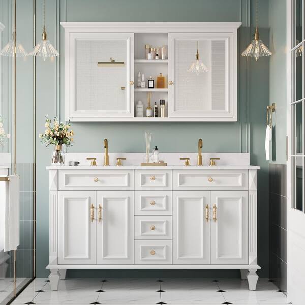 55 in. W x 30 in. H Rectangular Solid Wood White Medicine Cabinet with Mirror Surface Mount