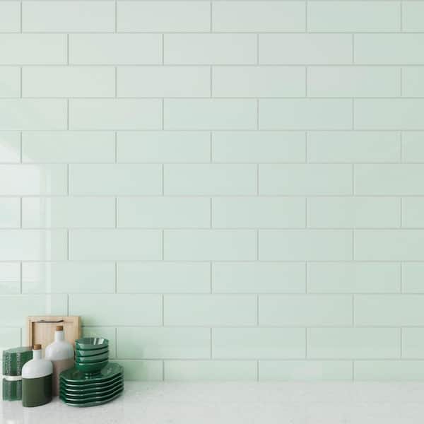 Giorbello (Sample) 4x12 glass subway tiles Winter Sage 4-in x 12-in Glossy Glass Brick Subway Wall Tile