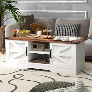 White Farmhouse Coffee Table with Barn Doors and Storage, Modern Rustic Style Wooden Living Room Table